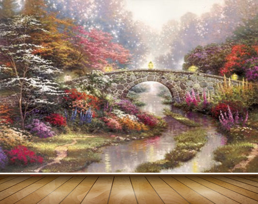 Avikalp MWZ2725 Trees Purple Red White Flowers Grass River Pond Water Bridge Lamps Light 'Painting HD Wallpaper