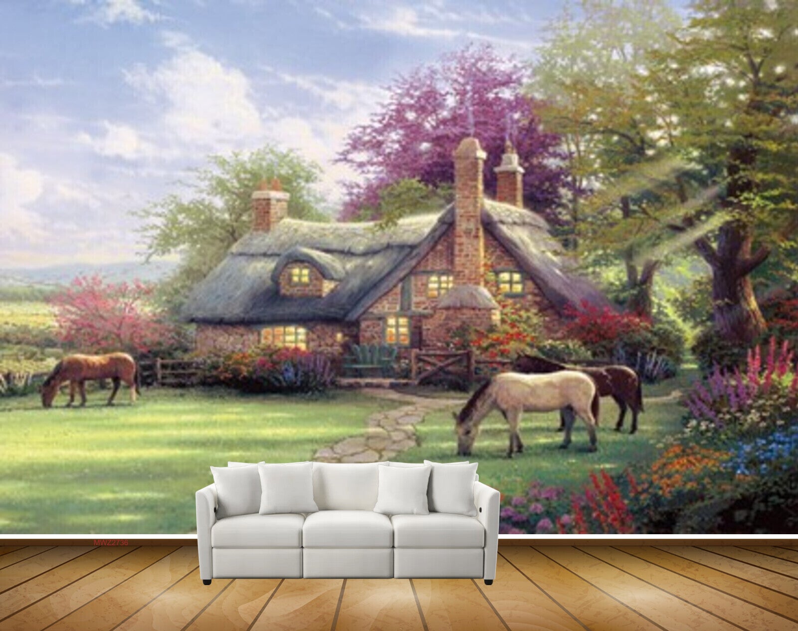 Avikalp MWZ2736 Sky Clouds Houses Trees Horses Grass Flowers Garden Painting HD Wallpaper