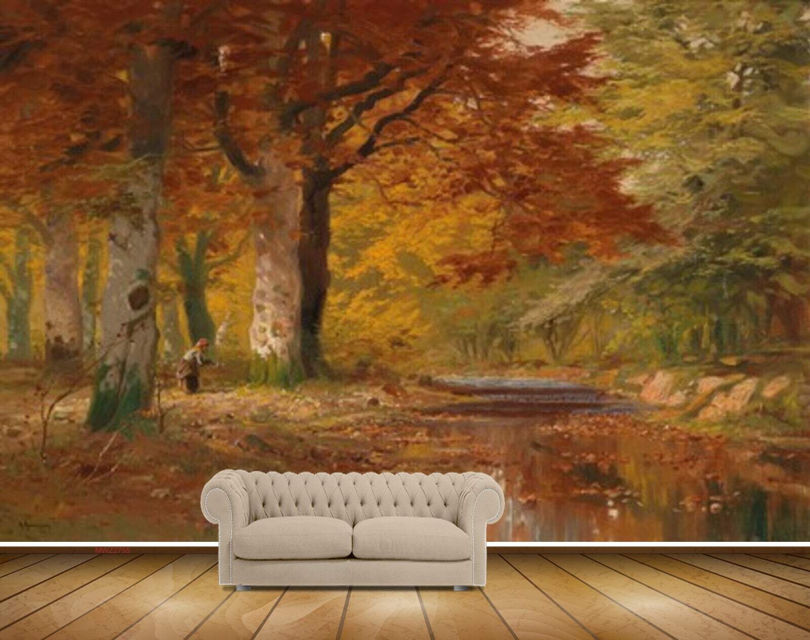 Avikalp MWZ2755 Trees Orange Green Leaves Women River Pond Water Painting HD Wallpaper