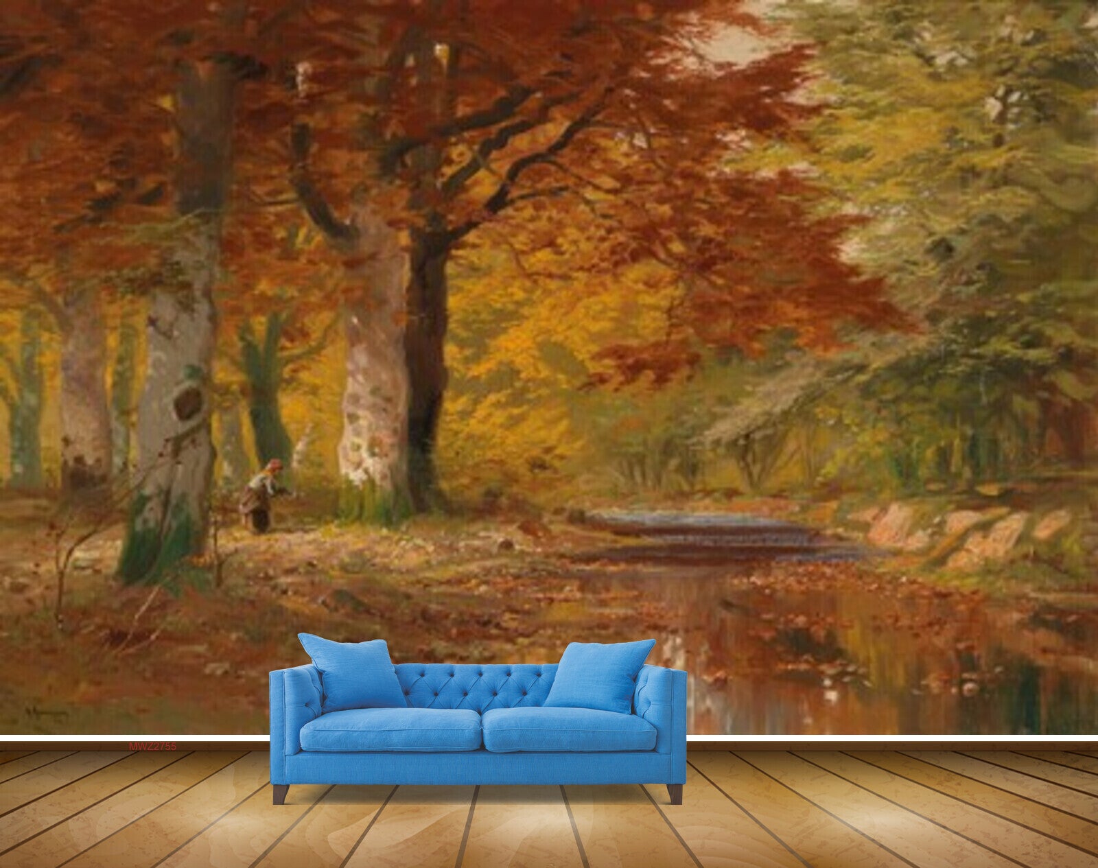 Avikalp MWZ2755 Trees Orange Green Leaves Women River Pond Water Painting HD Wallpaper