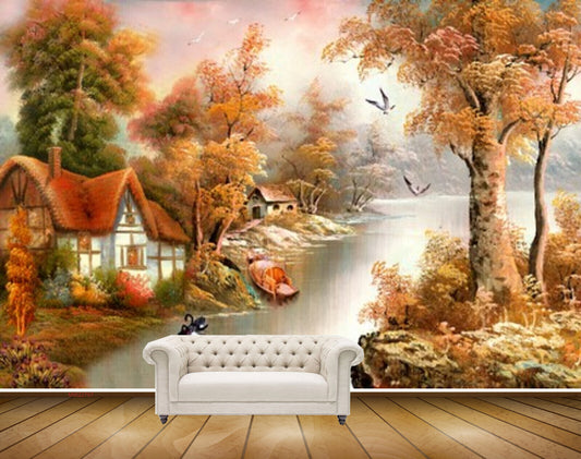 Avikalp MWZ2767 Trees River Lake Water Ducks Houses Orange Leaves Birds Grass Painting HD Wallpaper