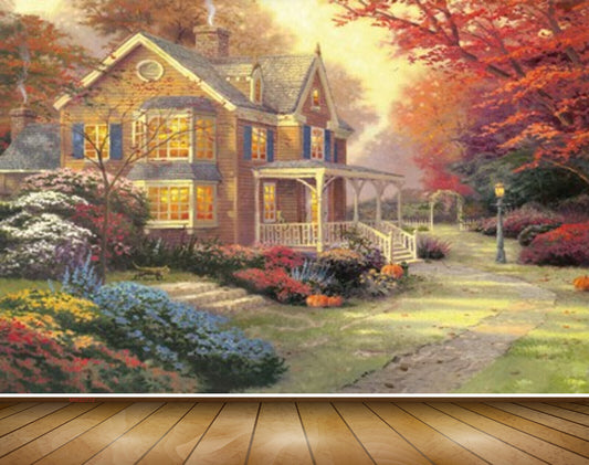 Avikalp MWZ2772 House Grass Trees Red Leaves Flowers Road Cat Painting HD Wallpaper