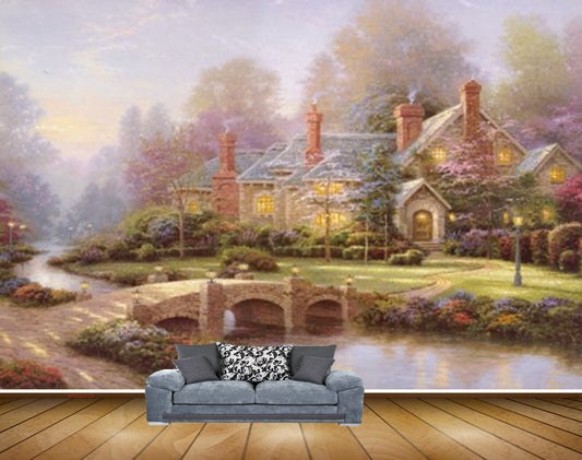 Avikalp MWZ2775 Trees Houses Grass Flowers Sky Lamps Bridge River Water Painting HD Wallpaper