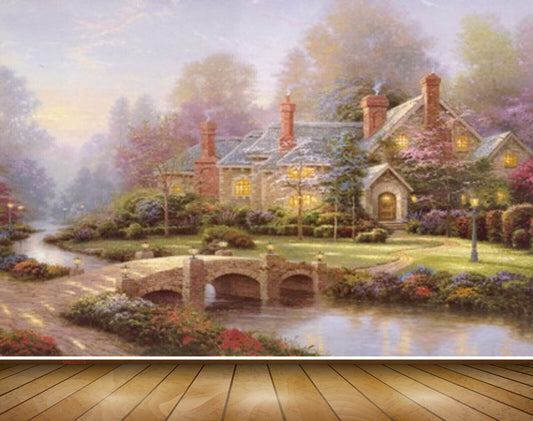 Avikalp MWZ2775 Trees Houses Grass Flowers Sky Lamps Bridge River Water Painting HD Wallpaper