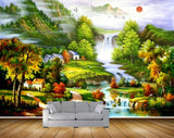 Avikalp MWZ2776 Sun Birds Trees House Orange Leaves Flowers Waterfalls Mountains River Pond Water Painting HD Wallpaper