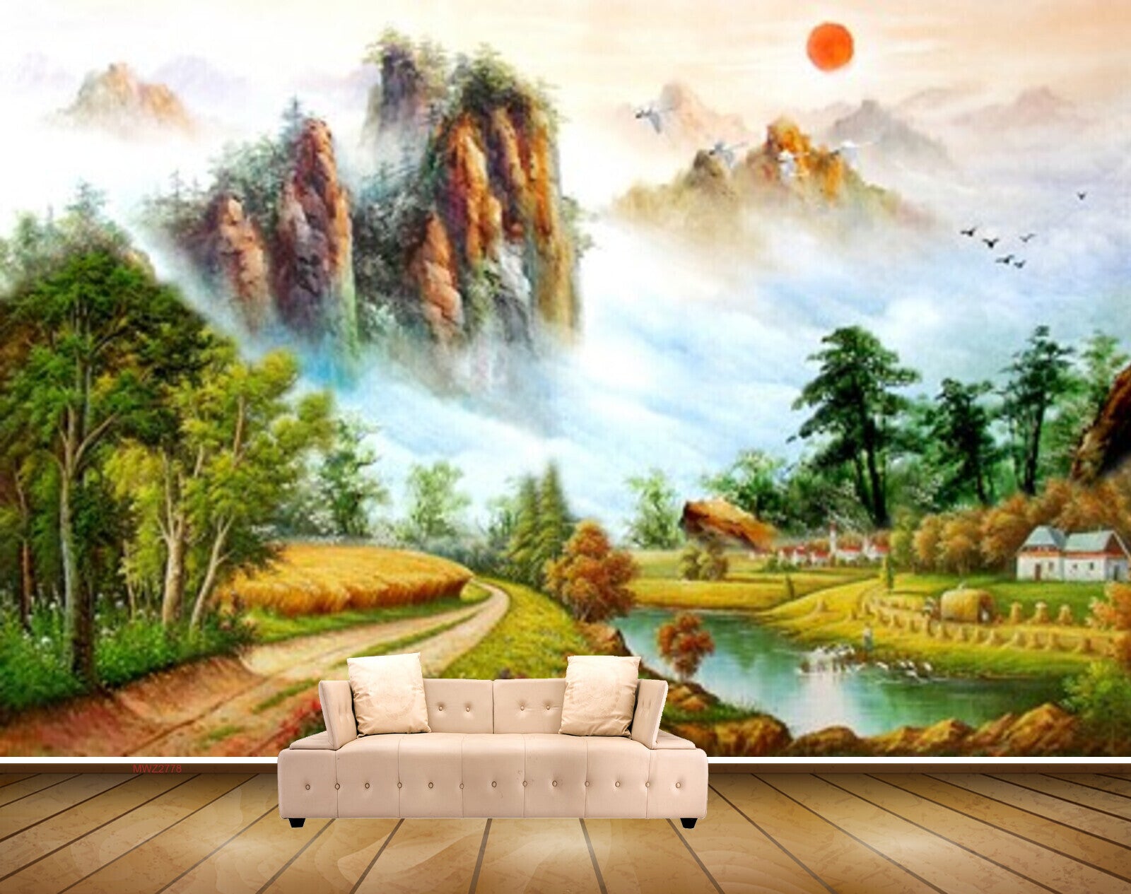 Avikalp MWZ2778 Sun Mountains Birds Trees Houses Clouds Road Pond RIver Water Grass Painting HD Wallpaper