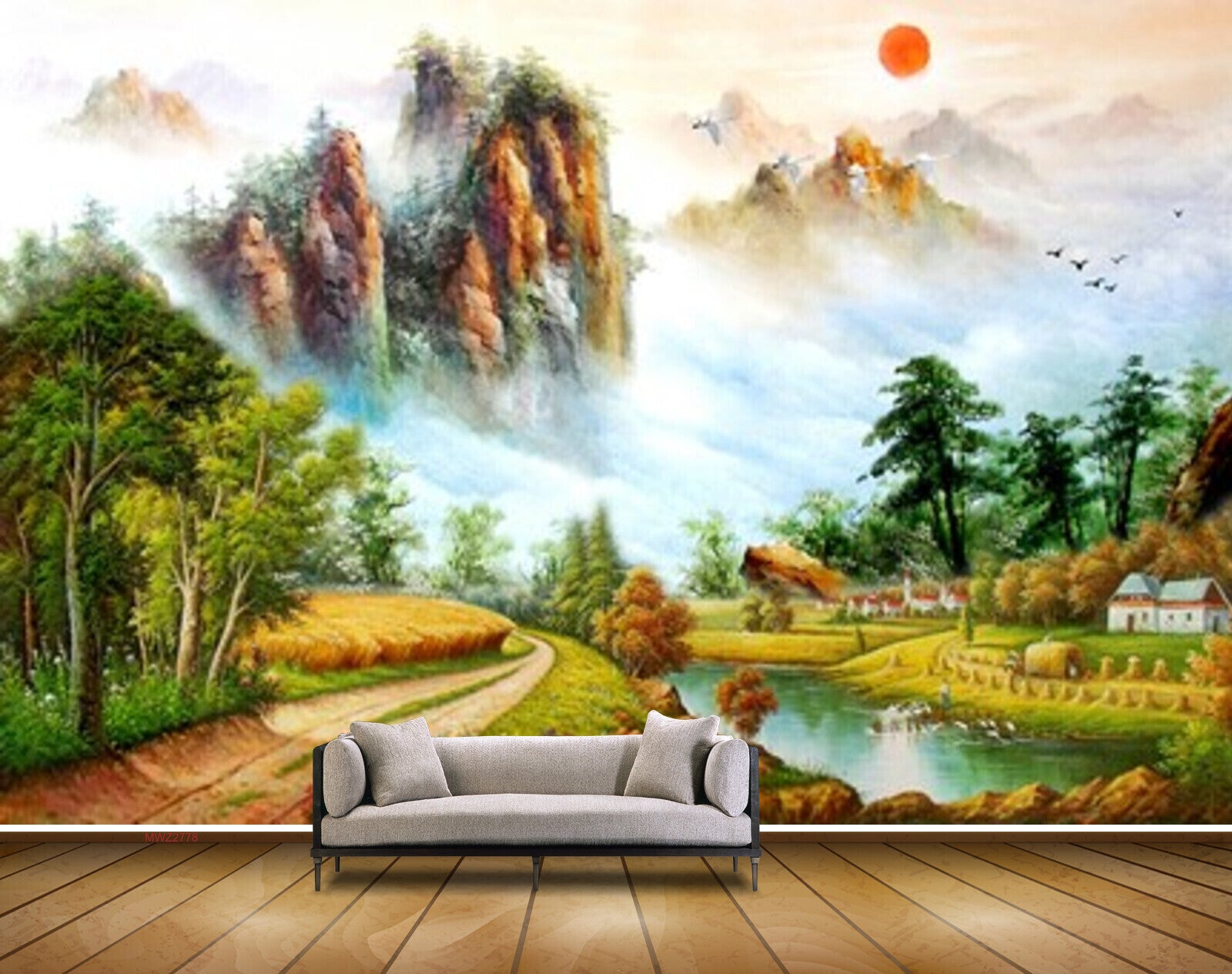 Avikalp MWZ2778 Sun Mountains Birds Trees Houses Clouds Road Pond RIver Water Grass Painting HD Wallpaper