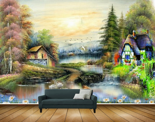 Avikalp MWZ2779 Trees Houses River Pond Water Ducks Birds SunFlowers Plants Painting HD Wallpaper