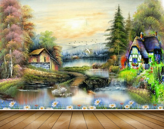 Avikalp MWZ2779 Trees Houses River Pond Water Ducks Birds SunFlowers Plants Painting HD Wallpaper