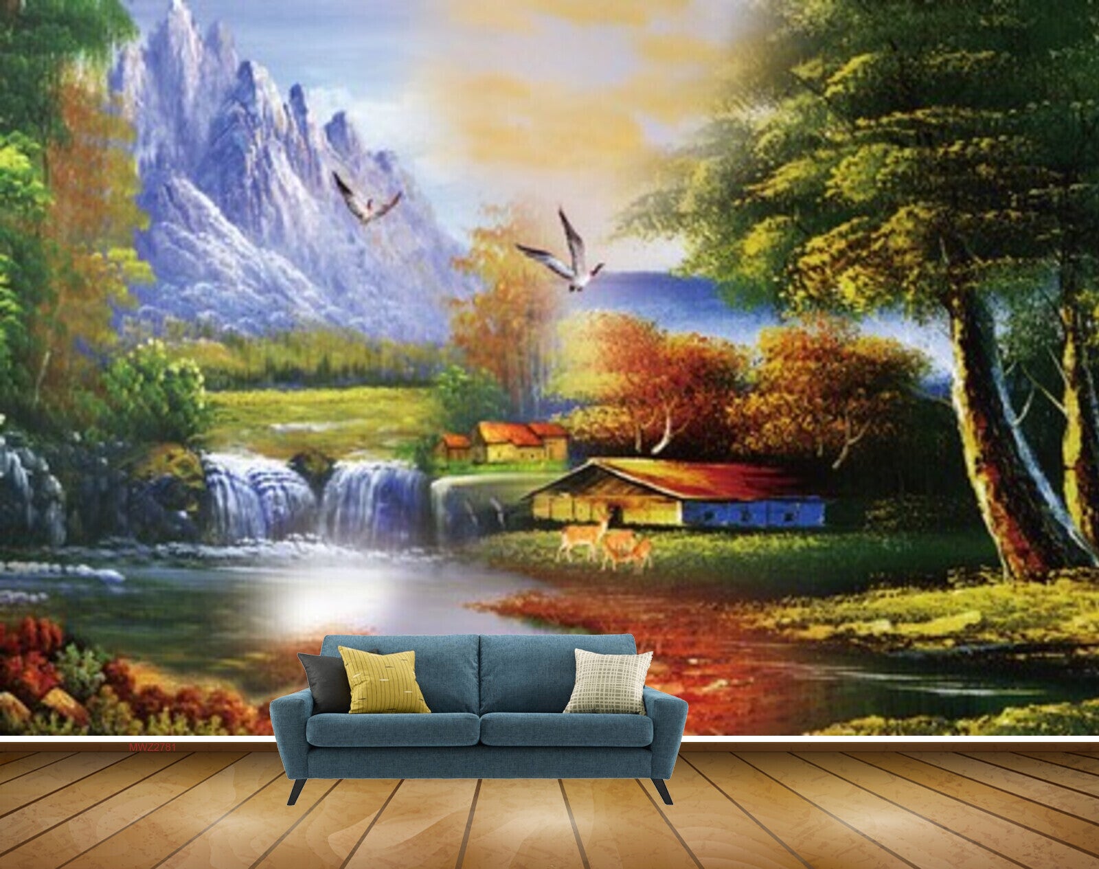 Avikalp MWZ2781 Mountains Waterfalls Houses Birds Trees Grass Plants River Pond Water Dees Painting HD Wallpaper