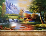 Avikalp MWZ2781 Mountains Waterfalls Houses Birds Trees Grass Plants River Pond Water Dees Painting HD Wallpaper