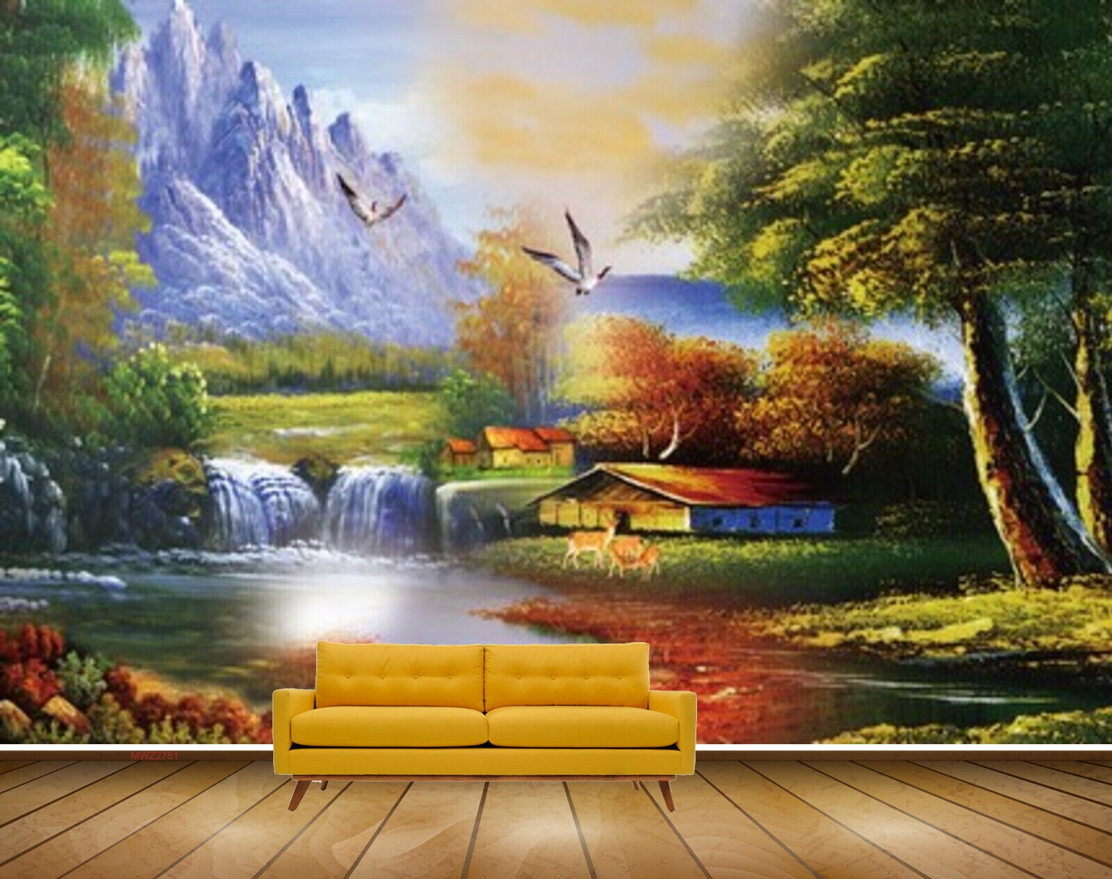 Avikalp MWZ2781 Mountains Waterfalls Houses Birds Trees Grass Plants River Pond Water Dees Painting HD Wallpaper