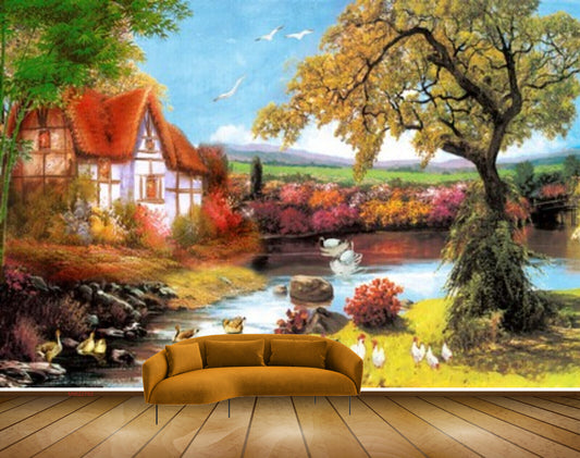 Avikalp MWZ2782 Trees Birds House Ducks Grass Cock Hen Stones River Pond Water Painting HD Wallpaper