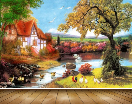 Avikalp MWZ2782 Trees Birds House Ducks Grass Cock Hen Stones River Pond Water Painting HD Wallpaper