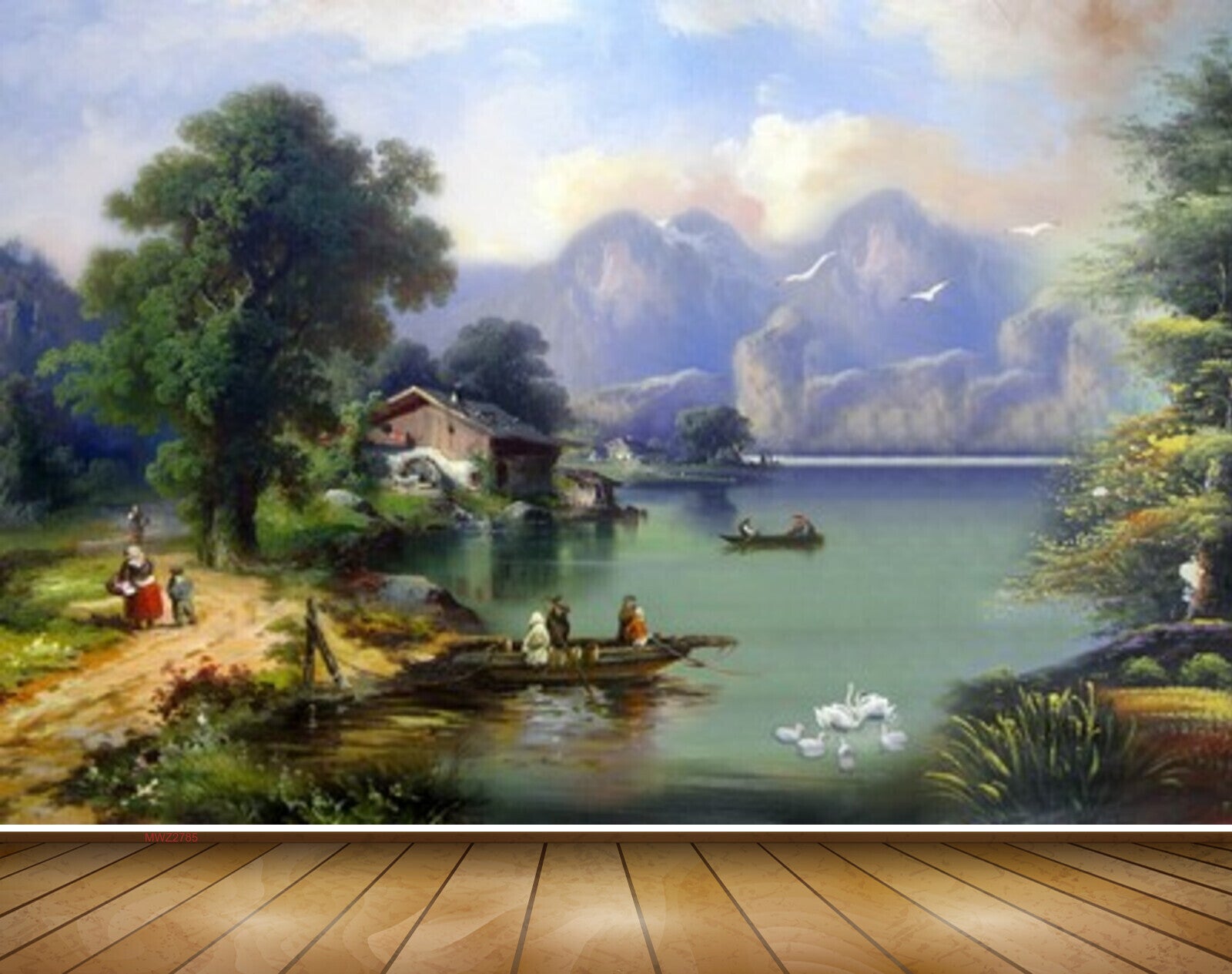 Avikalp MWZ2785 Mountains Clouds Trees River Lake Water Boat Houses People Road Painting HD Wallpaper