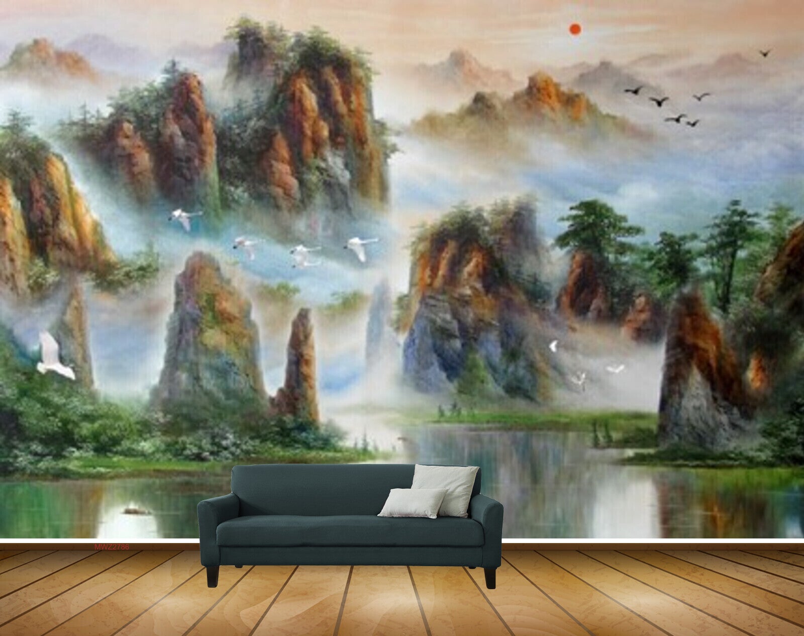 Avikalp MWZ2786 Mountains Trees Birds Sun River Lake Water Plants Painting HD Wallpaper