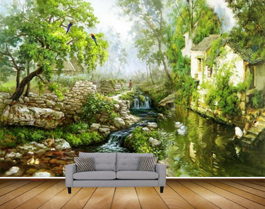 Avikalp MWZ2788 Trees Birds River Stones Pond Water Grass Plants Ducks Painting HD Wallpaper