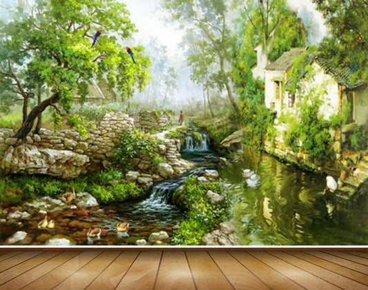 Avikalp MWZ2788 Trees Birds River Stones Pond Water Grass Plants Ducks Painting HD Wallpaper