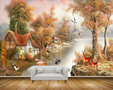 Avikalp MWZ2789 River Lake Pond Water Trees Houses Deers Cranes Boat Birds Ducks Painting HD Wallpaper