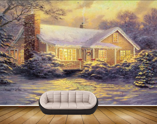 Avikalp MWZ2791 Plants House Trees Snow Night Painting HD Wallpaper