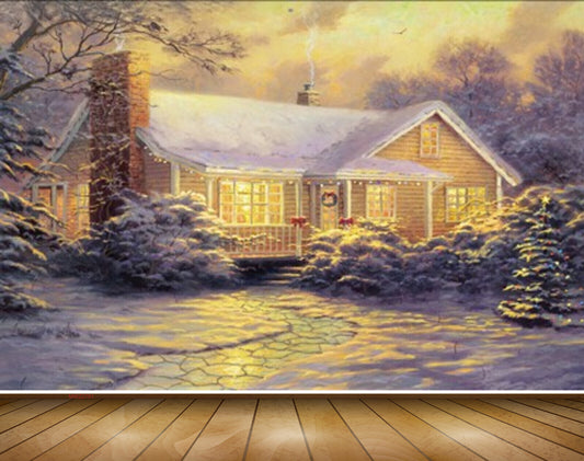 Avikalp MWZ2791 Plants House Trees Snow Night Painting HD Wallpaper