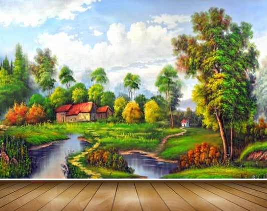 Avikalp MWZ2792 Clouds Trees Houses River Pond Water Grass Stones Garden Painting HD Wallpaper