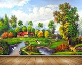 Avikalp MWZ2795 Clouds Trees Houses River Pond Water Grass Stones Garden Deers Ducks Painting HD Wallpaper