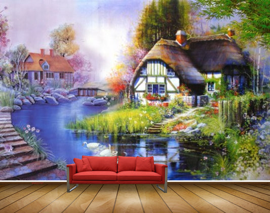 Avikalp MWZ2797 Houses Pond Trees Flowers Swans Plants Grass Stones Painting HD Wallpaper