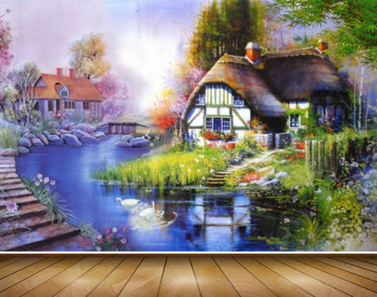 Avikalp MWZ2797 Houses Pond Trees Flowers Swans Plants Grass Stones Painting HD Wallpaper