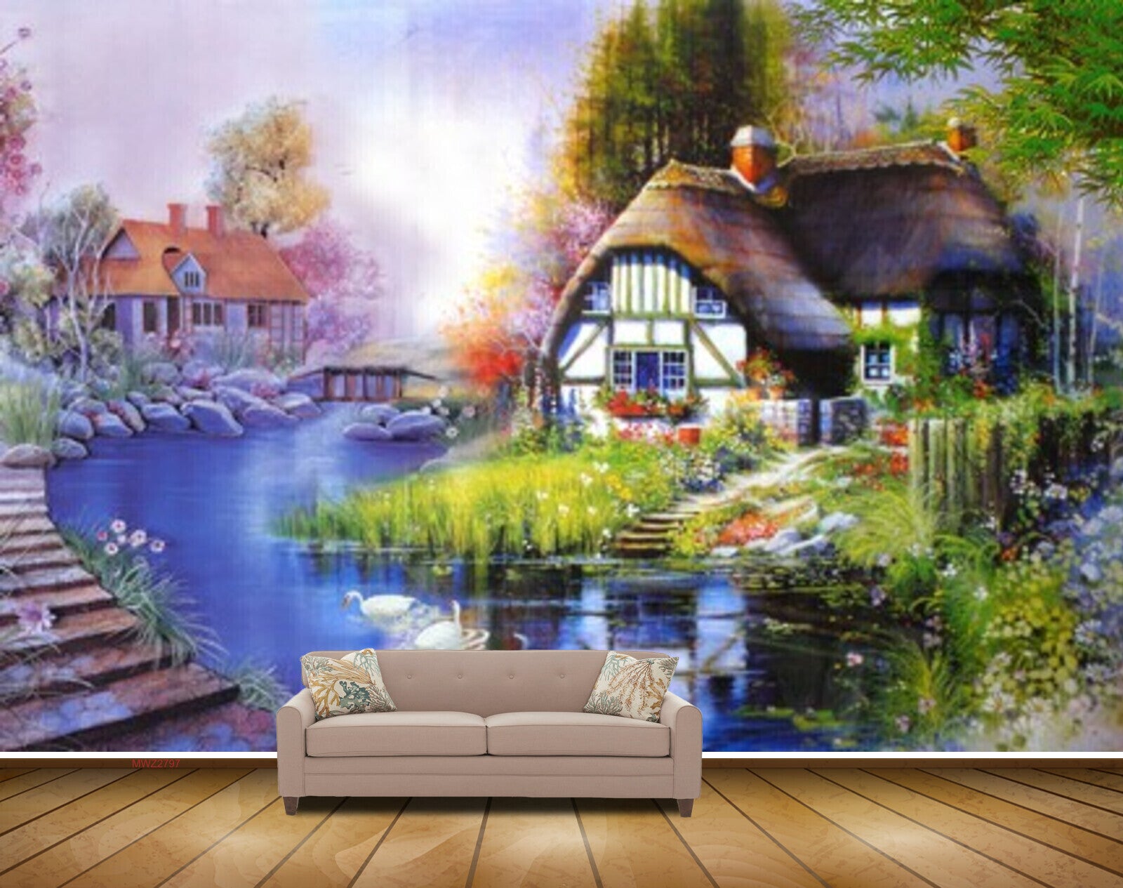 Avikalp MWZ2797 Houses Pond Trees Flowers Swans Plants Grass Stones Painting HD Wallpaper