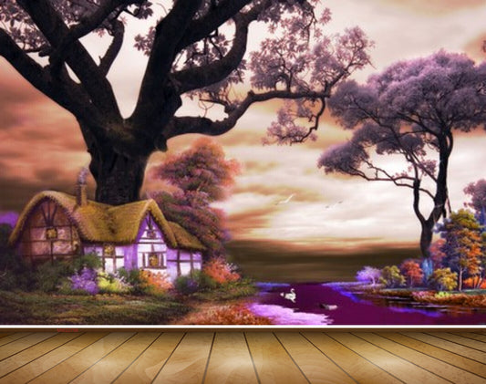 Avikalp MWZ2798 Trees House Birds Sky Purple Leaves Ducks River Pond Water Grass Painting HD Wallpaper