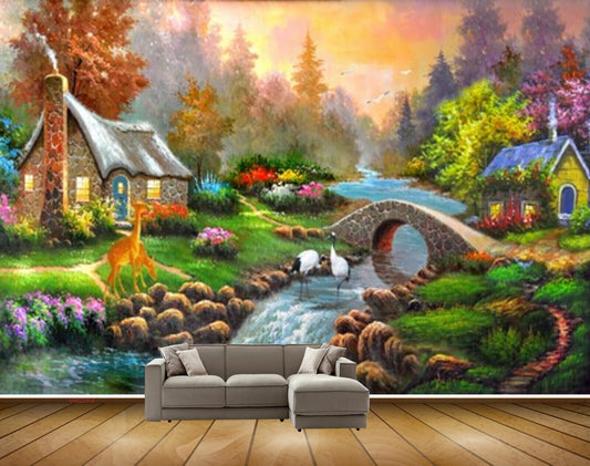 Avikalp MWZ2804 Trees Houses Stones Deers Cranes Lake River Water Bridge Grass Flowers Painting HD Wallpaper