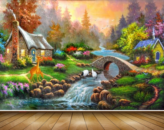 Avikalp MWZ2804 Trees Houses Stones Deers Cranes Lake River Water Bridge Grass Flowers Painting HD Wallpaper