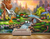 Avikalp MWZ2804 Trees Houses Stones Deers Cranes Lake River Water Bridge Grass Flowers Painting HD Wallpaper