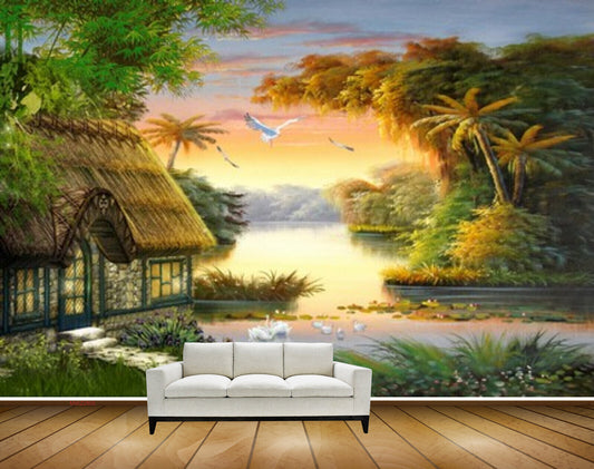 Avikalp MWZ2805 Birds Hut House Trees Lake House Swans Grass Plants Painting HD Wallpaper