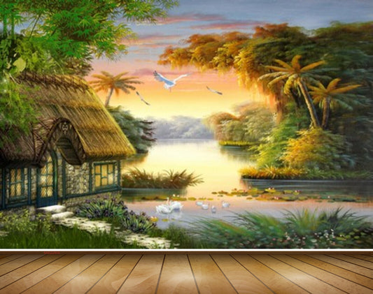 Avikalp MWZ2805 Birds Hut House Trees Lake House Swans Grass Plants Painting HD Wallpaper