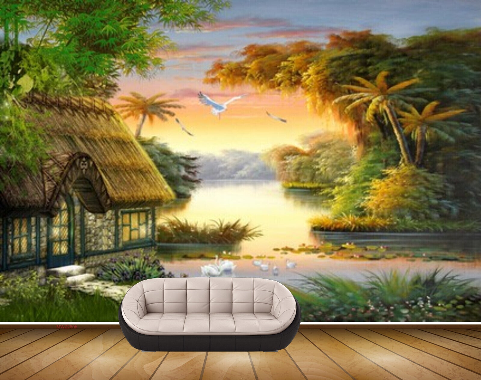 Avikalp MWZ2805 Birds Hut House Trees Lake House Swans Grass Plants Painting HD Wallpaper