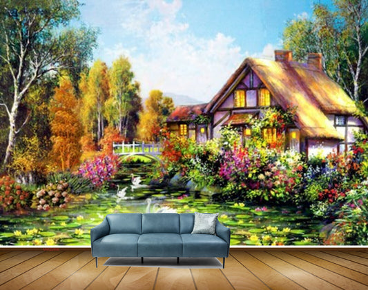 Avikalp MWZ2806 Clouds House Trees Flowers Cranes Ducks Pond Lake Water Painting HD Wallpaper