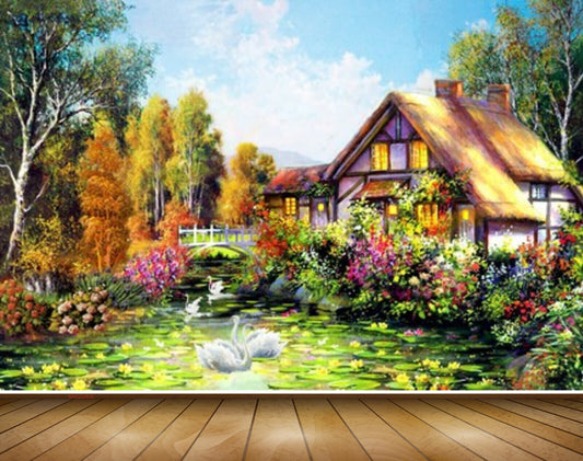 Avikalp MWZ2806 Clouds House Trees Flowers Cranes Ducks Pond Lake Water Painting HD Wallpaper