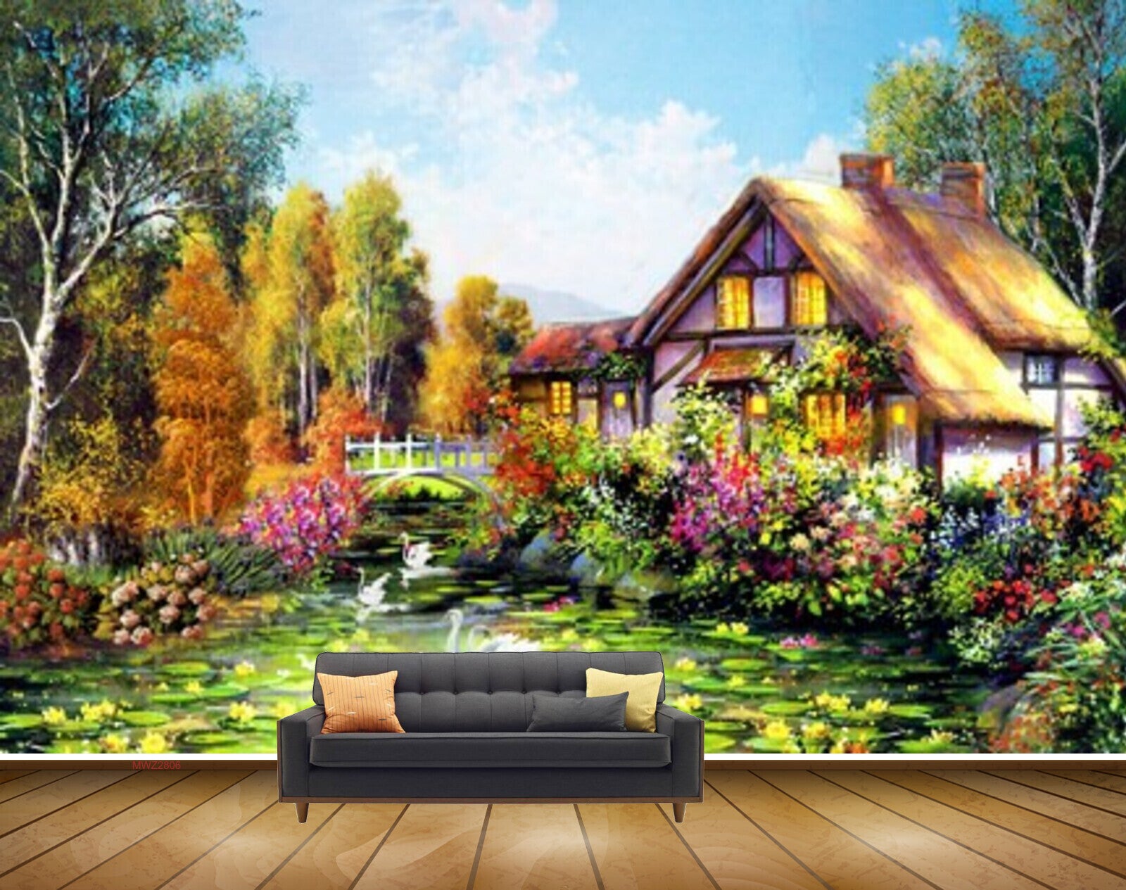 Avikalp MWZ2806 Clouds House Trees Flowers Cranes Ducks Pond Lake Water Painting HD Wallpaper