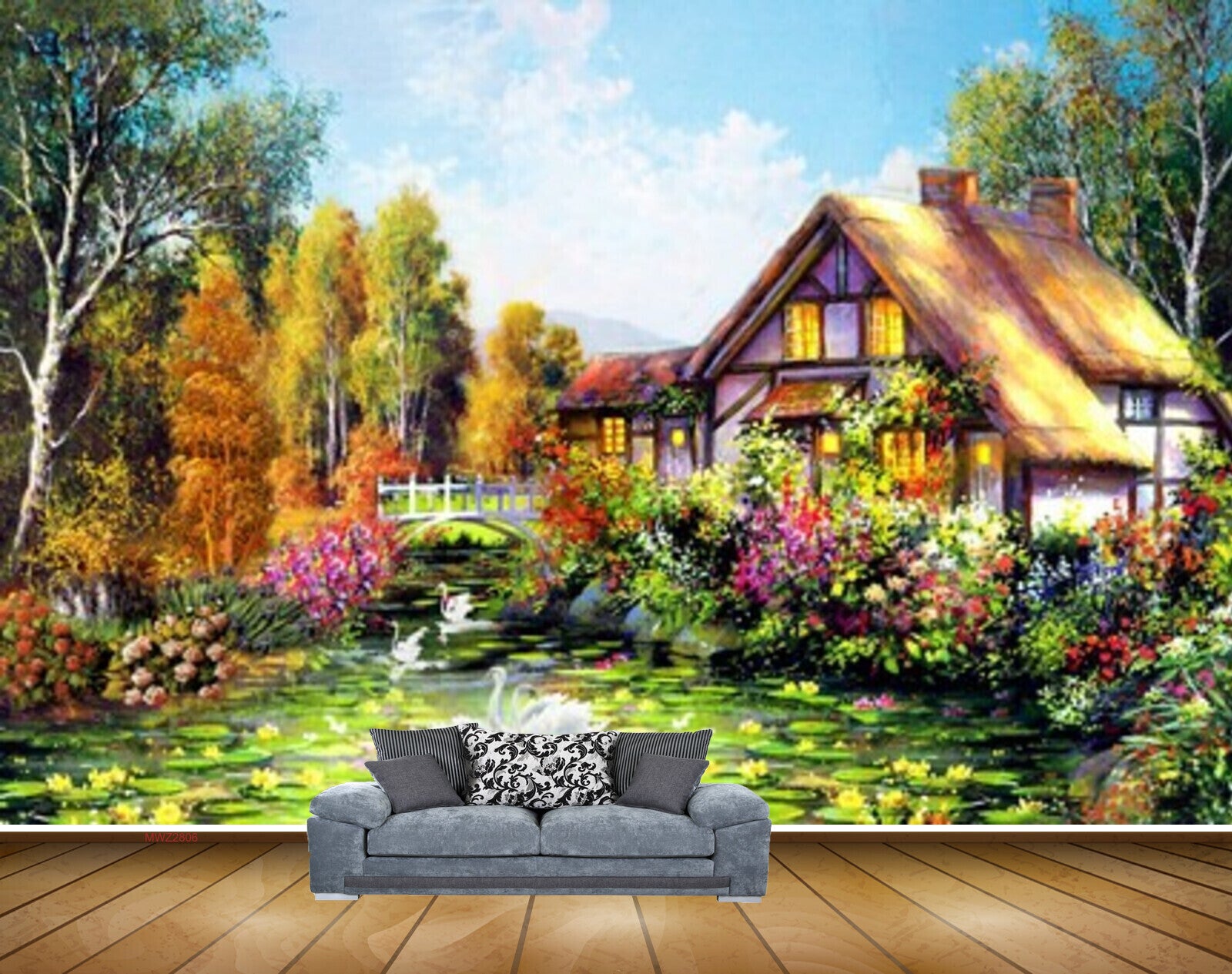 Avikalp MWZ2806 Clouds House Trees Flowers Cranes Ducks Pond Lake Water Painting HD Wallpaper