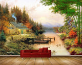 Avikalp MWZ2807 Bamboo Trees House Ducks Boat Grass Wooden Mountains Stones Painting HD Wallpaper