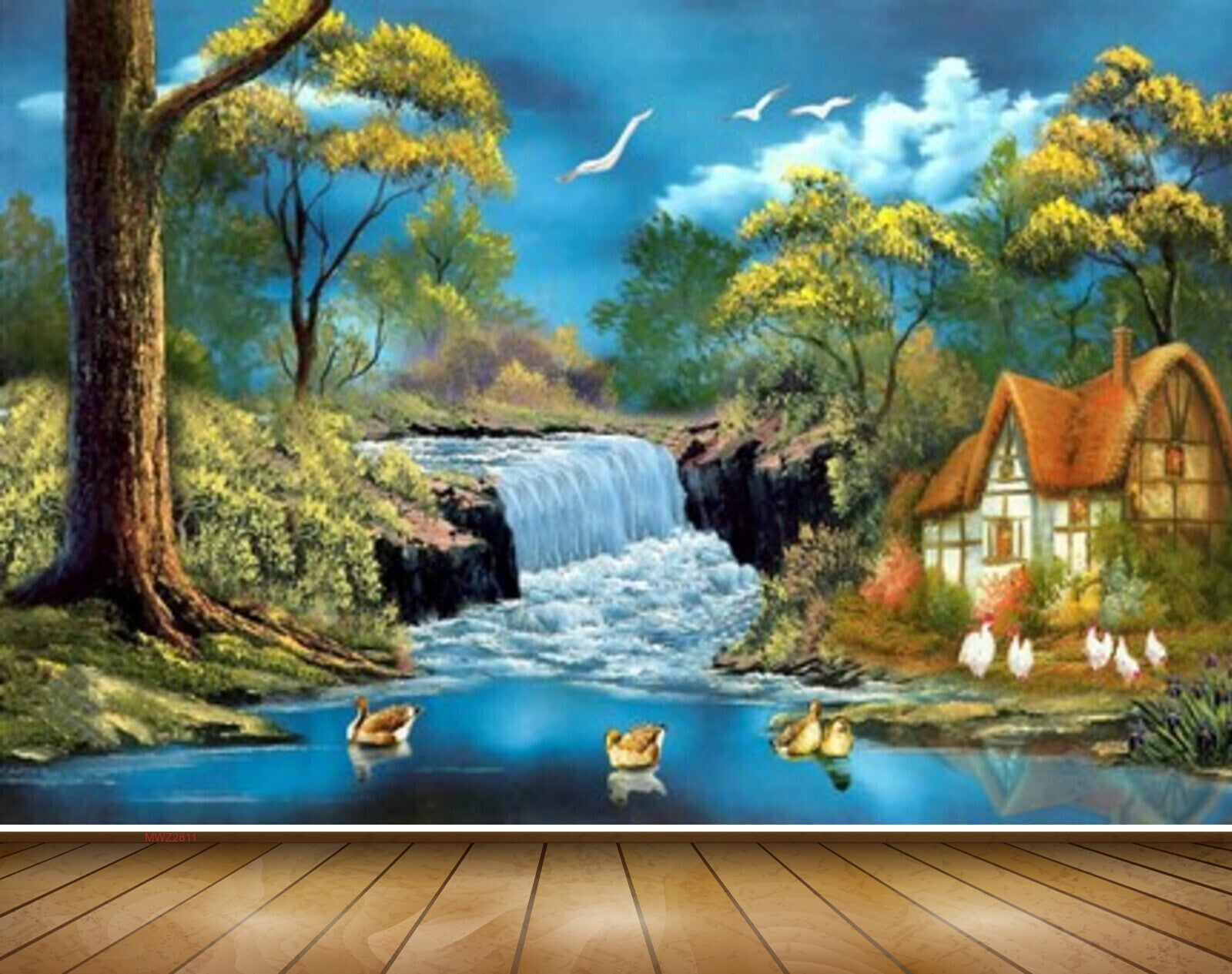 Avikalp MWZ2811 Waterfalls Trees Houses Lake River Pond Water Birds Cocks Duck Grass Painting HD Wallpaper