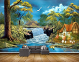 Avikalp MWZ2811 Waterfalls Trees Houses Lake River Pond Water Birds Cocks Duck Grass Painting HD Wallpaper