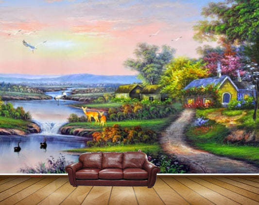 Avikalp MWZ2813 Sky Birds Deers River Lake Pond Water Houses Trees Road Flowers Plants Painting HD Wallpaper