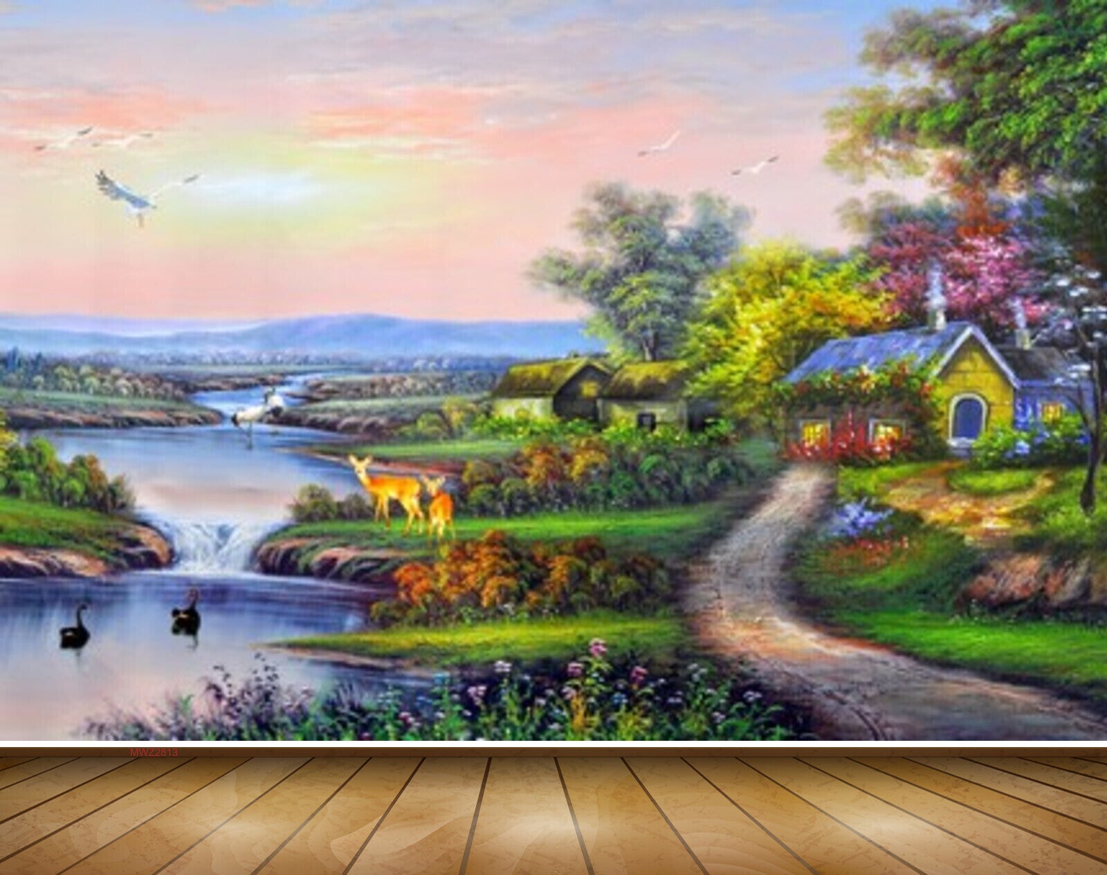 Avikalp MWZ2813 Sky Birds Deers River Lake Pond Water Houses Trees Road Flowers Plants Painting HD Wallpaper