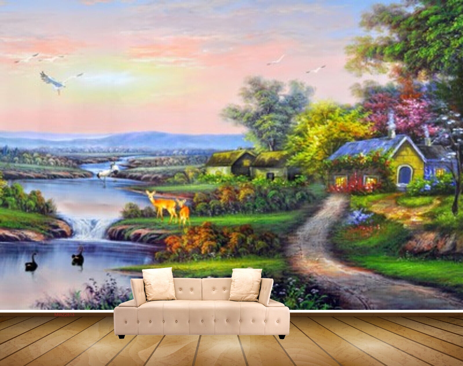 Avikalp MWZ2813 Sky Birds Deers River Lake Pond Water Houses Trees Road Flowers Plants Painting HD Wallpaper