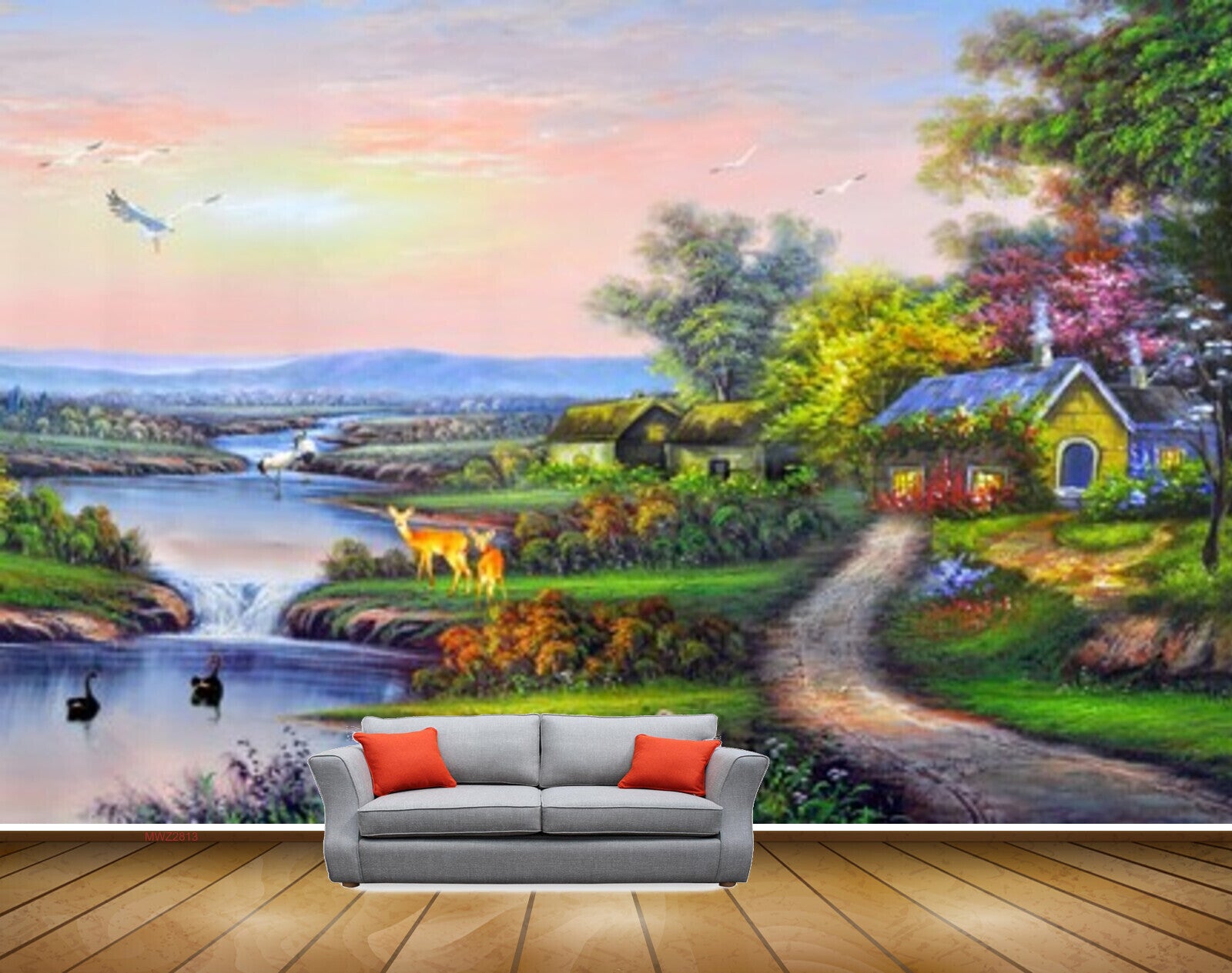 Avikalp MWZ2813 Sky Birds Deers River Lake Pond Water Houses Trees Road Flowers Plants Painting HD Wallpaper