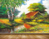 Avikalp MWZ2815 Hut House Trees Lake Pond River Water Flowers Grass Plants Clouds Painting HD Wallpaper