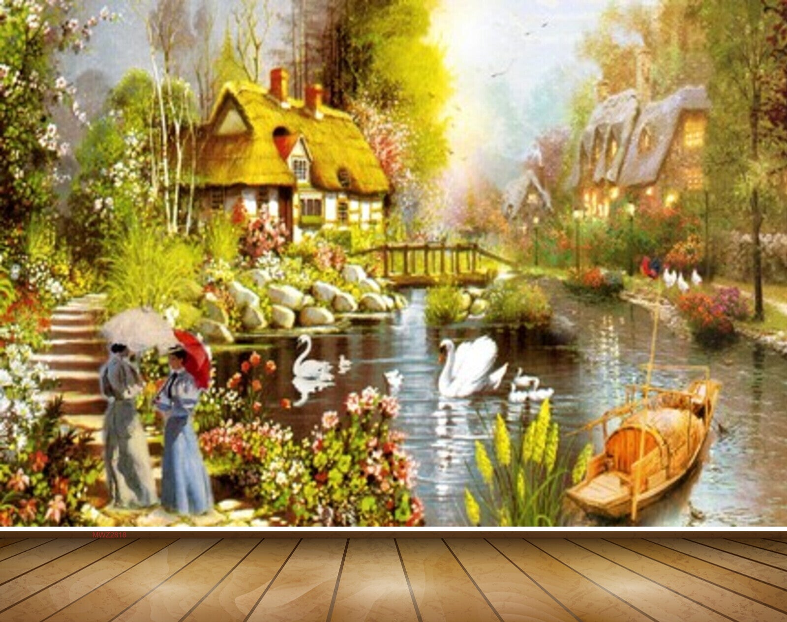 Avikalp MWZ2818 House Trees Lake Pond River Water Ducks Bridge Stones Women Boat Flowers Plants Painting HD Wallpaper